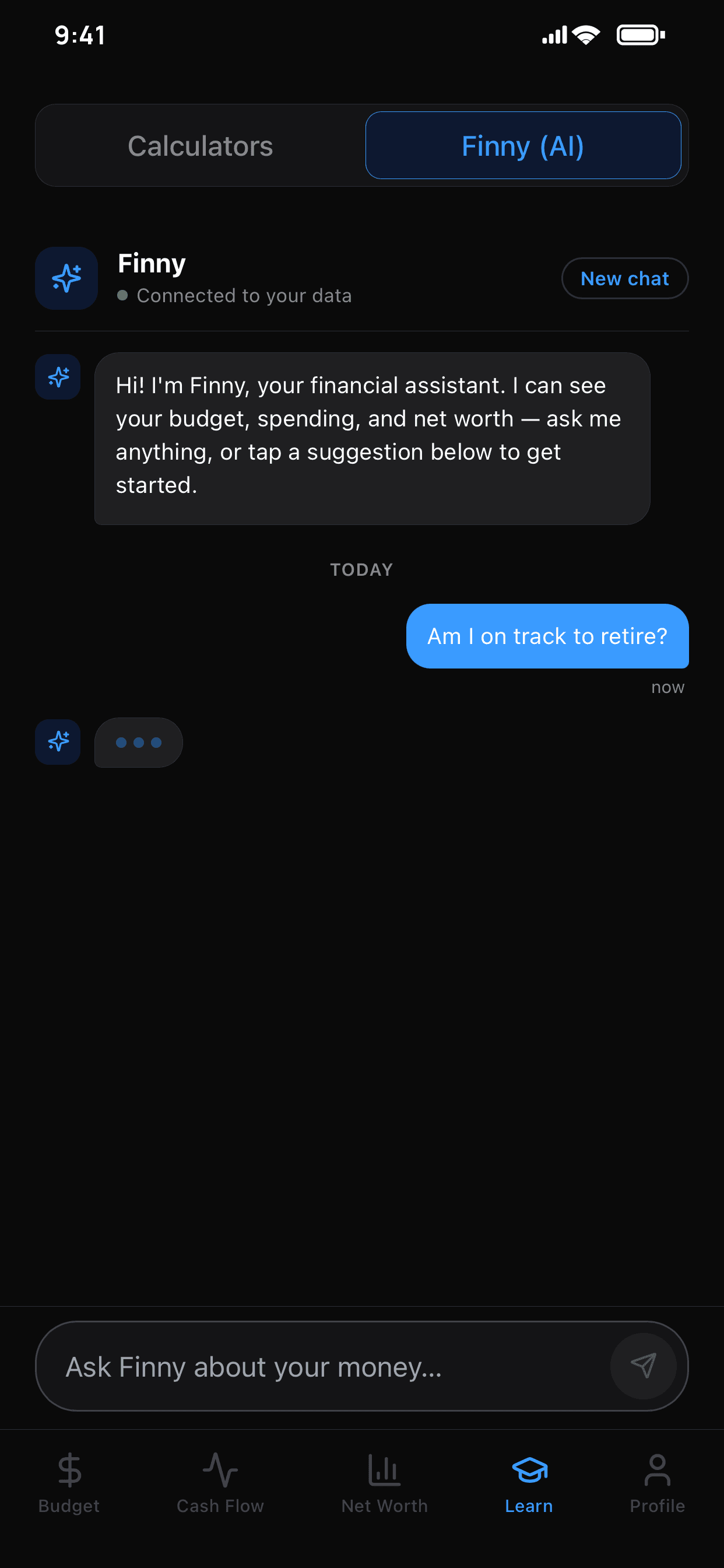 Finny chat in the Learn tab, marked connected to your data, with a question sent and a reply on the way