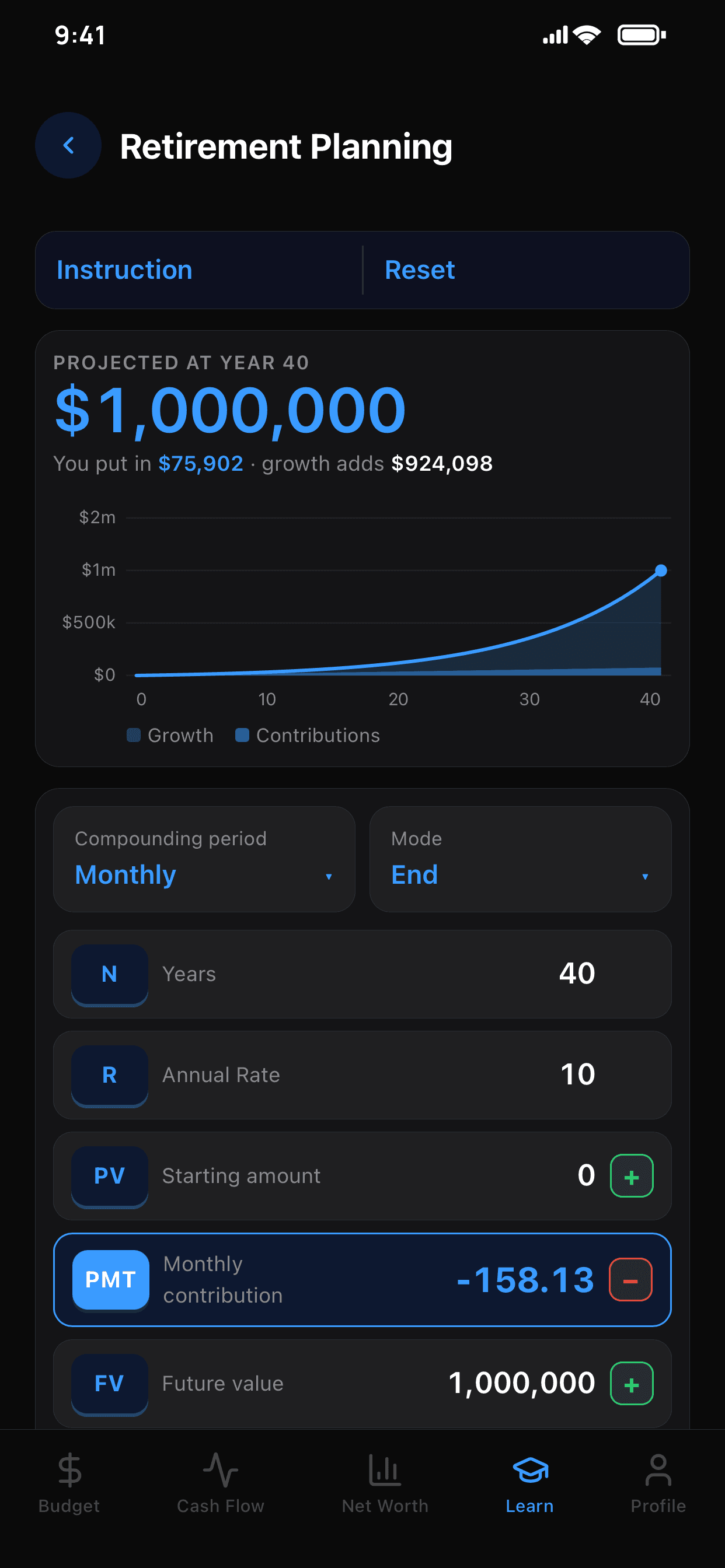 Retirement calculator projecting a monthly contribution, with a growth chart in dollars and years